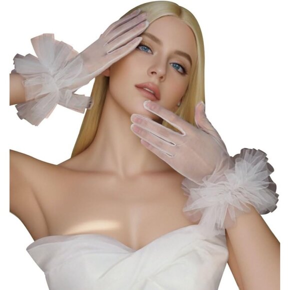 Women's White Short Fabrics Ruffle Tulle Mesh Sheer Gloves Wedding Party Prom - Picture 6 of 7